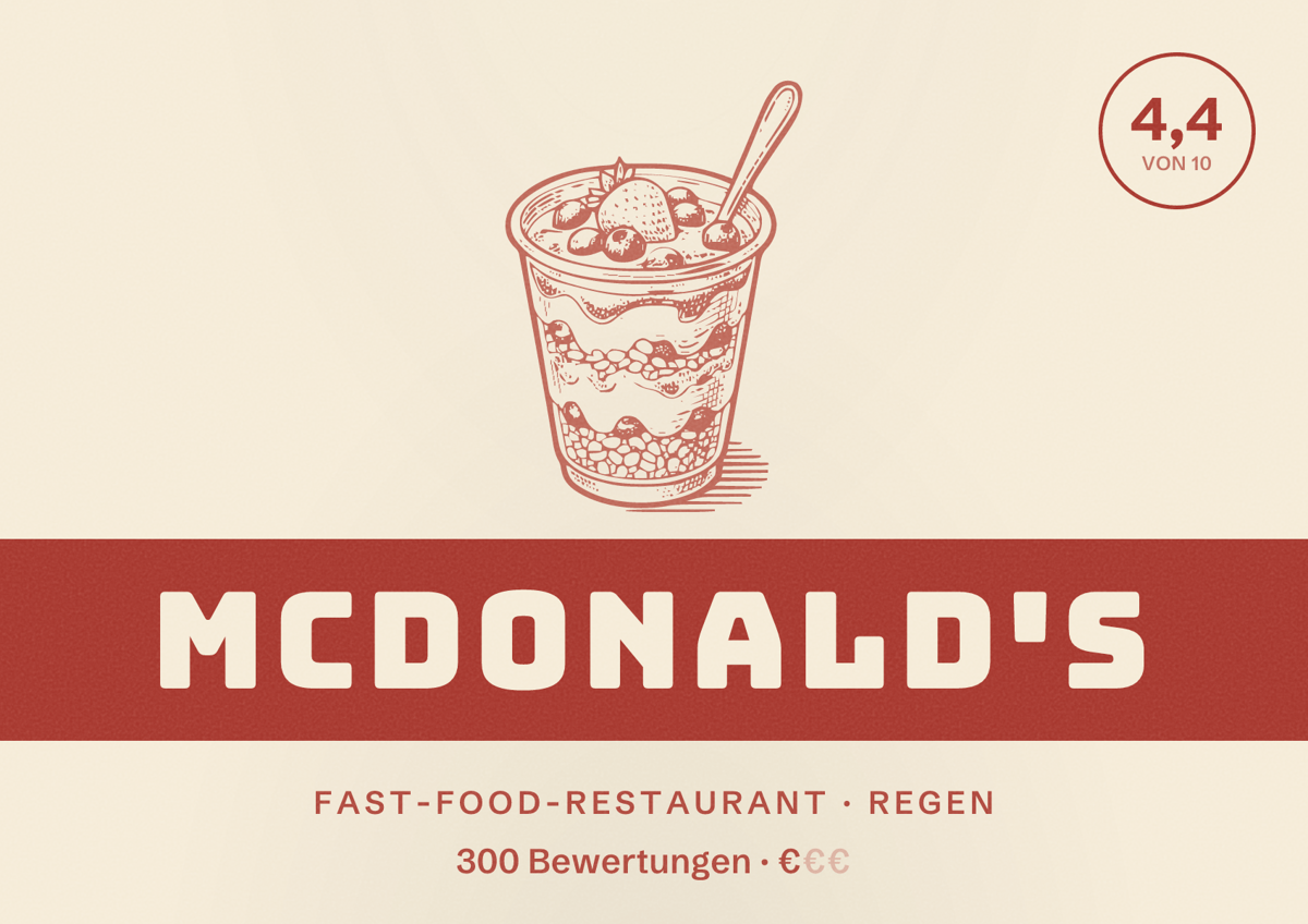 Illustriertes Poster von McDonald's, Fast-Food-Restaurant in Regen: Bewertung 4,4 von 10 aus 300 Bewertungen, Preisniveau €