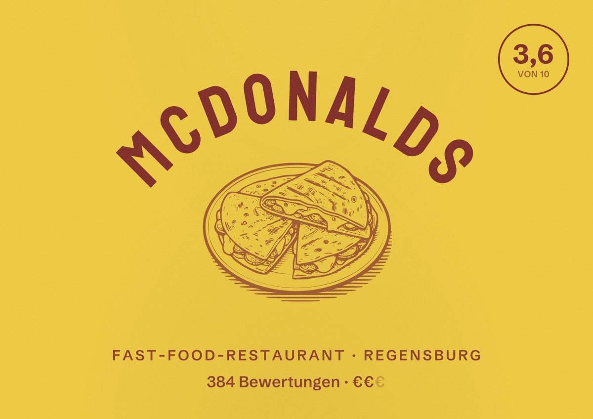 Illustriertes Poster von McDonalds, Fast-Food-Restaurant in Regensburg: Bewertung 3,6 von 10 aus 384 Bewertungen, Preisniveau €€