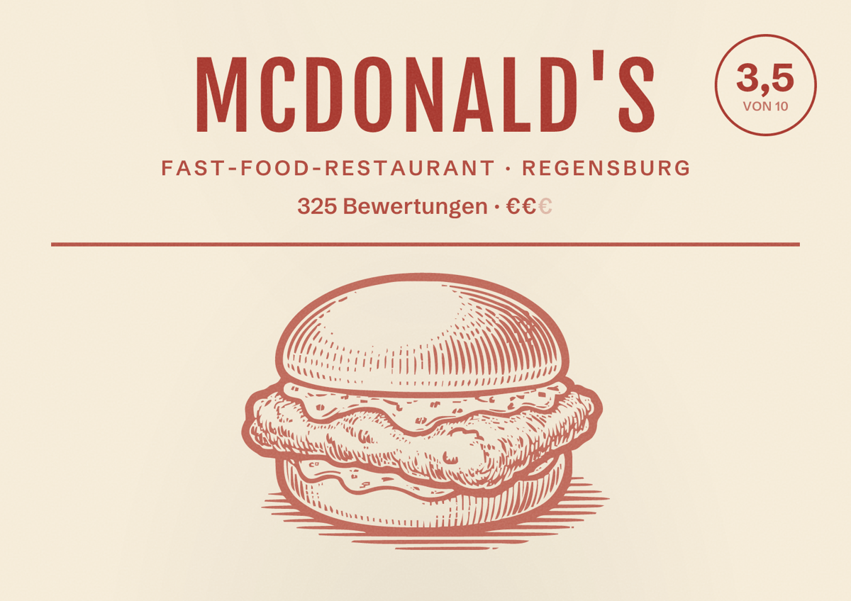 Illustriertes Poster von McDonald's, Fast-Food-Restaurant in Regensburg: Bewertung 3,5 von 10 aus 325 Bewertungen, Preisniveau €€