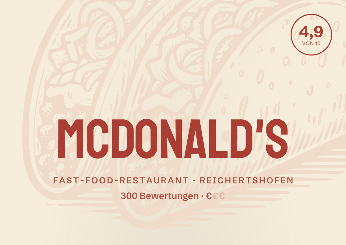 Illustriertes Poster von McDonald's, Fast-Food-Restaurant in Reichertshofen: Bewertung 4,9 von 10 aus 300 Bewertungen, Preisniveau €
