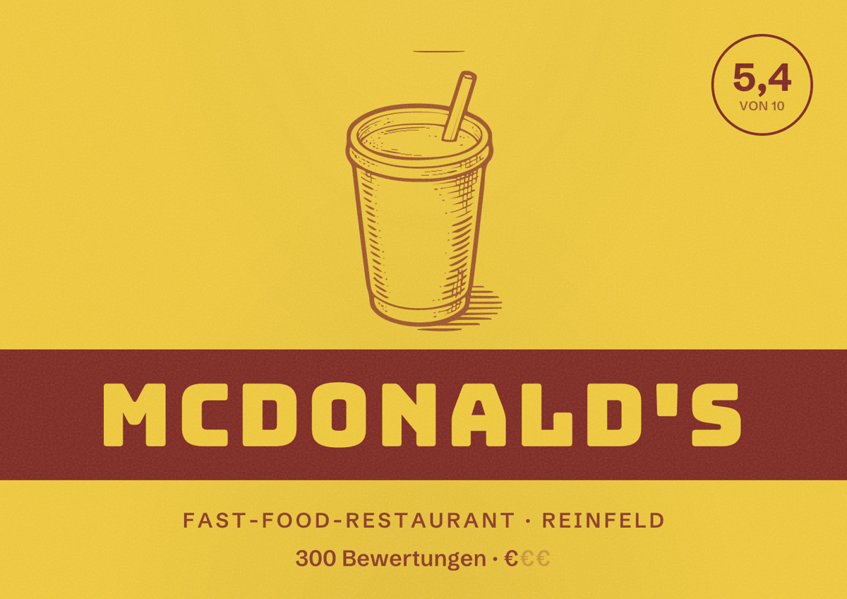 Illustriertes Poster von McDonald's, Fast-Food-Restaurant in Reinfeld: Bewertung 5,4 von 10 aus 300 Bewertungen, Preisniveau €