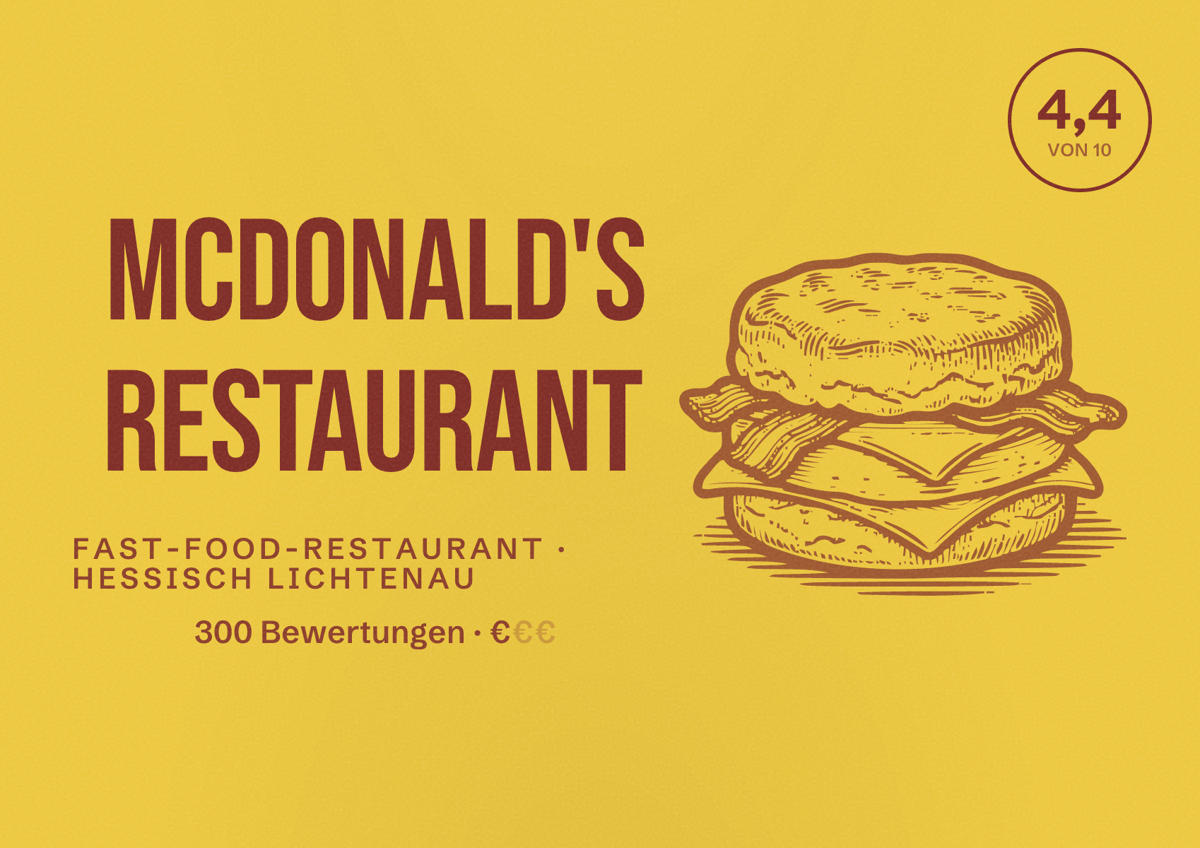 Illustriertes Poster von McDonald's Restaurant, Fast-Food-Restaurant in Hessisch Lichtenau: Bewertung 4,4 von 10 aus 300 Bewertungen, Preisniveau €