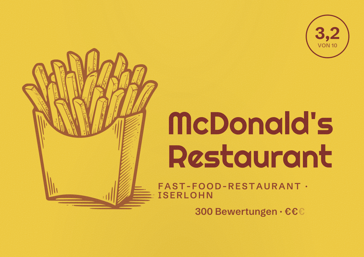 Illustriertes Poster von McDonald's Restaurant, Fast-Food-Restaurant in Iserlohn: Bewertung 3,2 von 10 aus 300 Bewertungen, Preisniveau €€