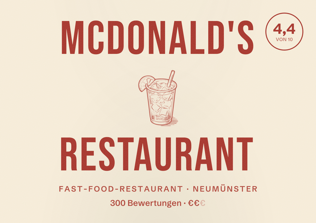 Illustriertes Poster von McDonald's Restaurant, Fast-Food-Restaurant in Neumünster: Bewertung 4,4 von 10 aus 300 Bewertungen, Preisniveau €€