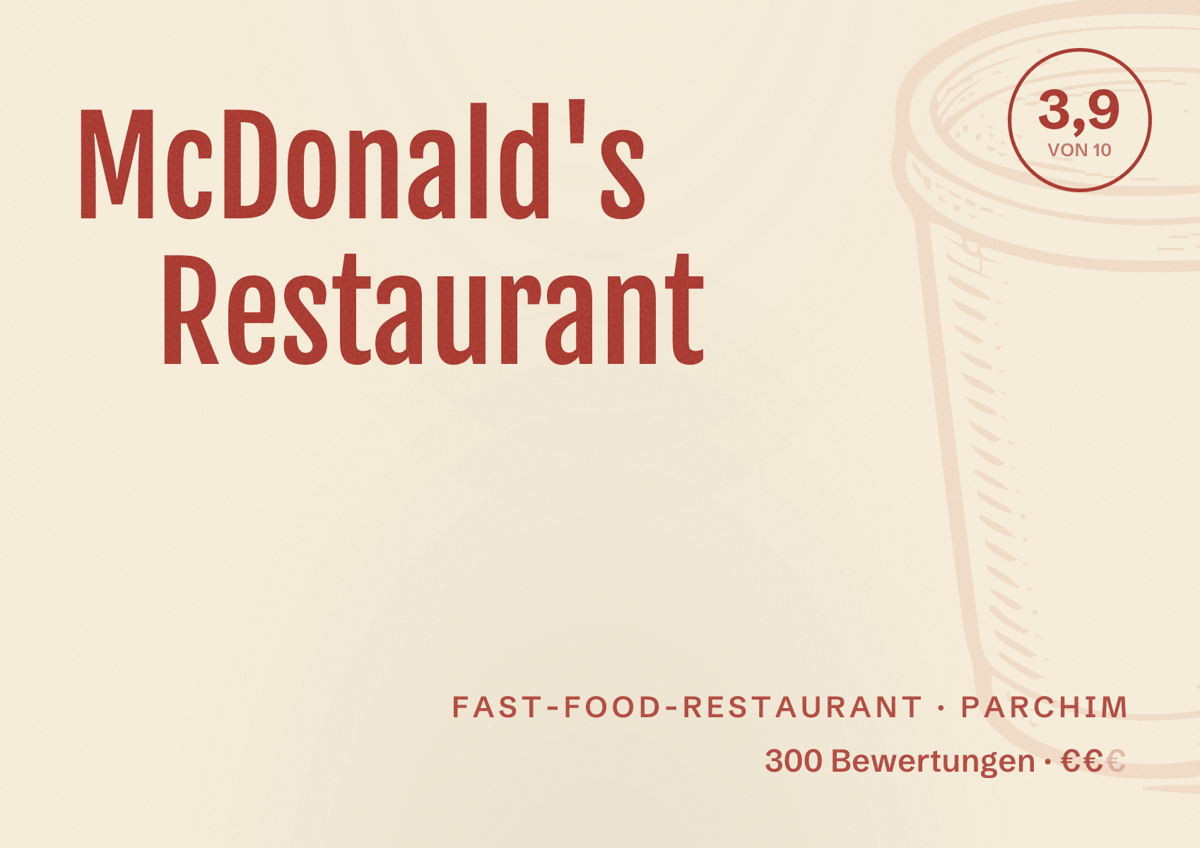 Illustriertes Poster von McDonald's Restaurant, Fast-Food-Restaurant in Parchim: Bewertung 3,9 von 10 aus 300 Bewertungen, Preisniveau €€