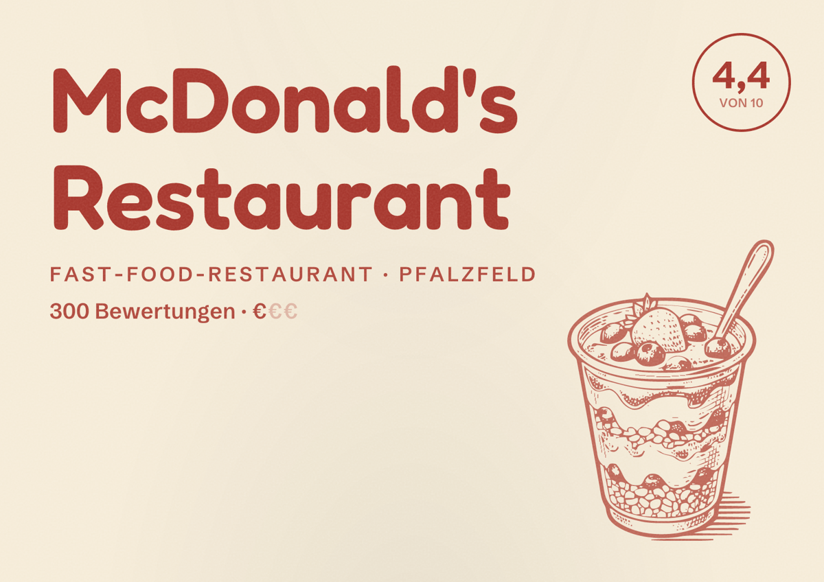 Illustriertes Poster von McDonald's Restaurant, Fast-Food-Restaurant in Pfalzfeld: Bewertung 4,4 von 10 aus 300 Bewertungen, Preisniveau €