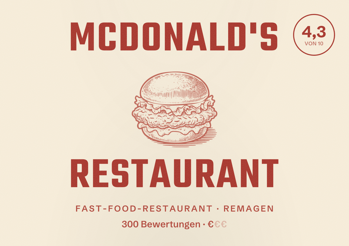 Illustriertes Poster von McDonald's Restaurant, Fast-Food-Restaurant in Remagen: Bewertung 4,3 von 10 aus 300 Bewertungen, Preisniveau €