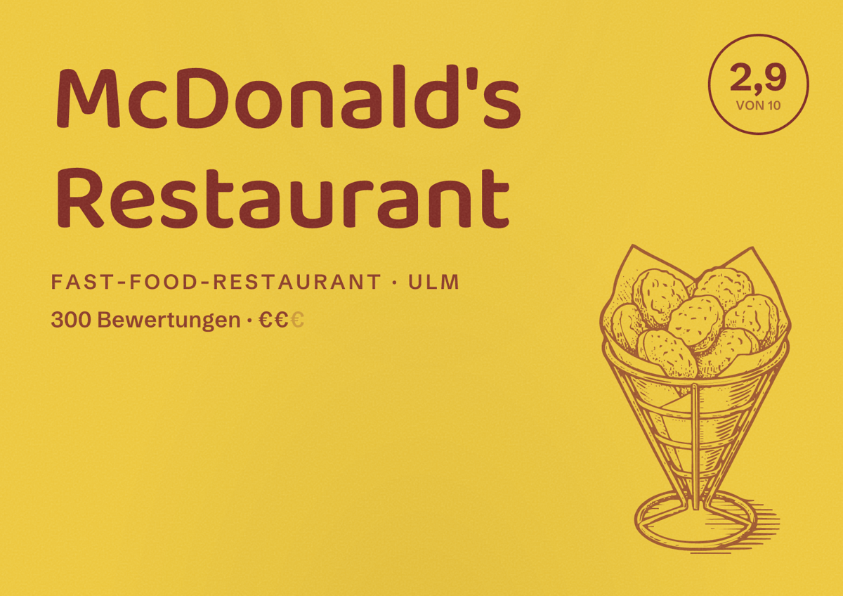 Illustriertes Poster von McDonald's Restaurant, Fast-Food-Restaurant in Ulm: Bewertung 2,9 von 10 aus 300 Bewertungen, Preisniveau €€