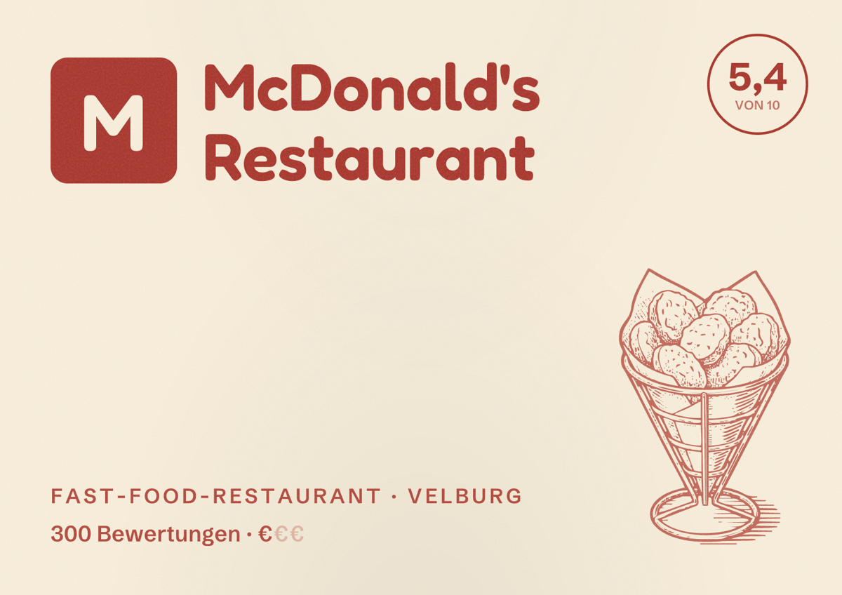 Illustriertes Poster von McDonald's Restaurant, Fast-Food-Restaurant in Velburg: Bewertung 5,4 von 10 aus 300 Bewertungen, Preisniveau €