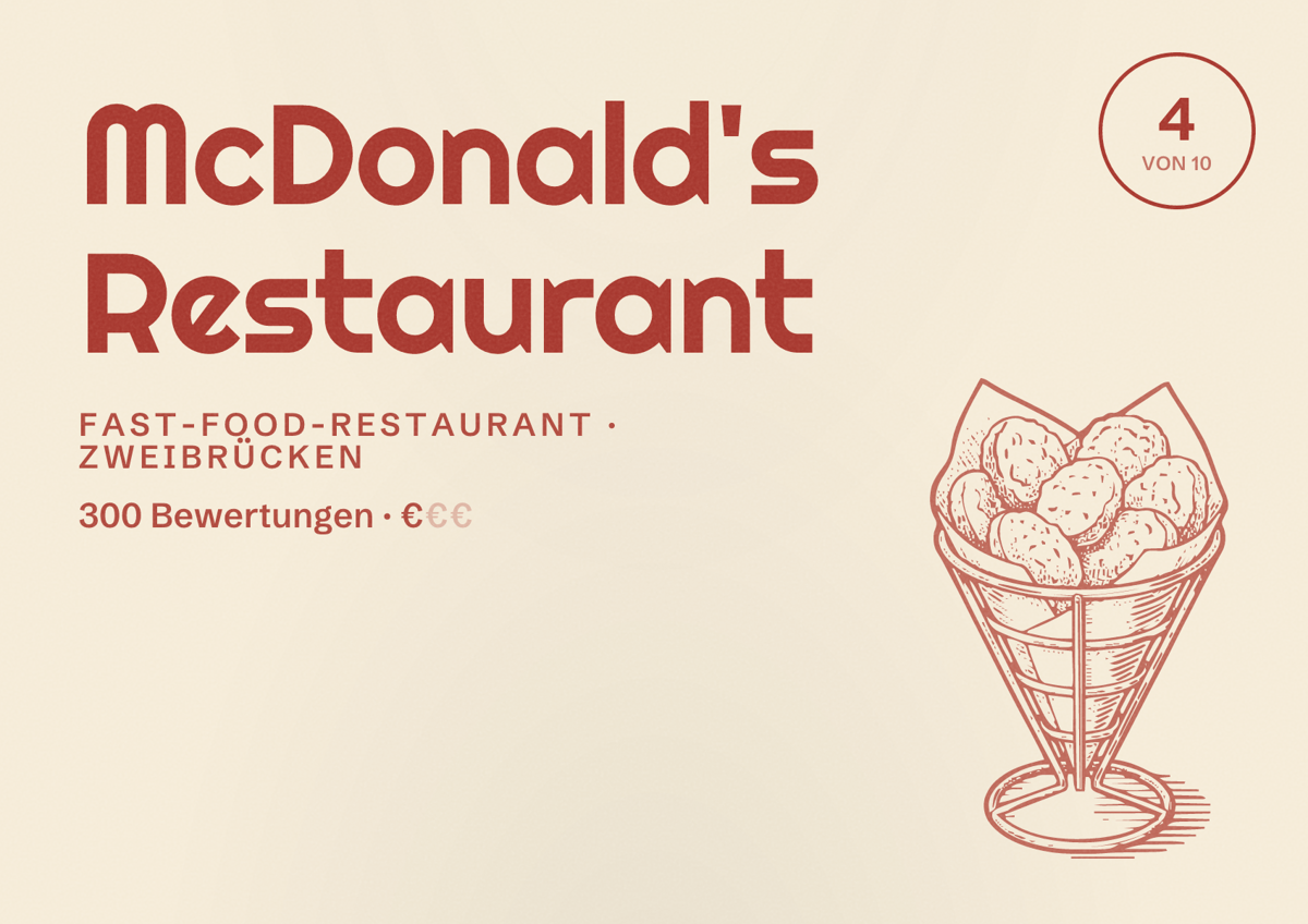 Illustriertes Poster von McDonald's Restaurant, Fast-Food-Restaurant in Zweibrücken: Bewertung 4 von 10 aus 300 Bewertungen, Preisniveau €