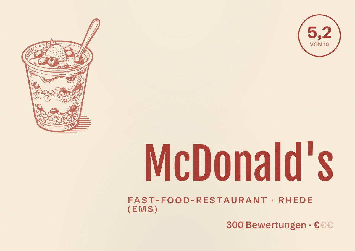 Illustriertes Poster von McDonald's, Fast-Food-Restaurant in Rhede (Ems): Bewertung 5,2 von 10 aus 300 Bewertungen, Preisniveau €