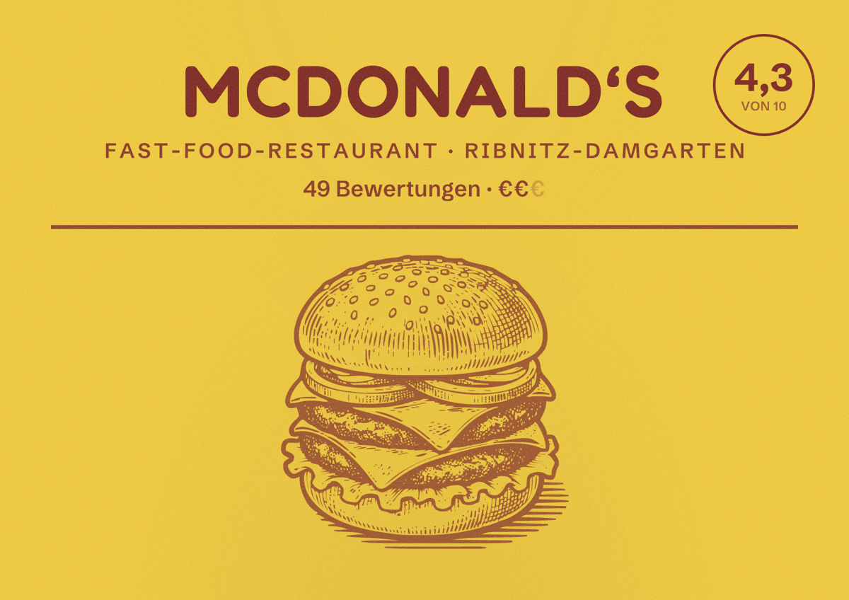 Illustriertes Poster von McDonald‘s, Fast-Food-Restaurant in Ribnitz-Damgarten: Bewertung 4,3 von 10 aus 49 Bewertungen, Preisniveau €€