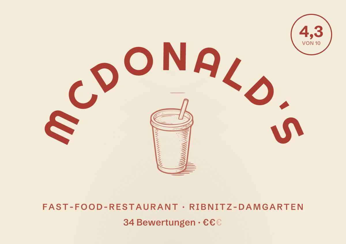 Illustriertes Poster von McDonald's, Fast-Food-Restaurant in Ribnitz-Damgarten: Bewertung 4,3 von 10 aus 34 Bewertungen, Preisniveau €€