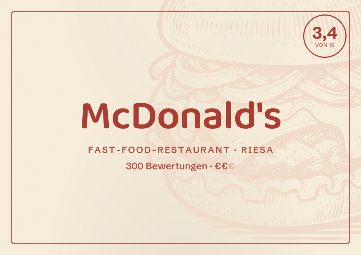 Illustriertes Poster von McDonald's, Fast-Food-Restaurant in Riesa: Bewertung 3,4 von 10 aus 300 Bewertungen, Preisniveau €€