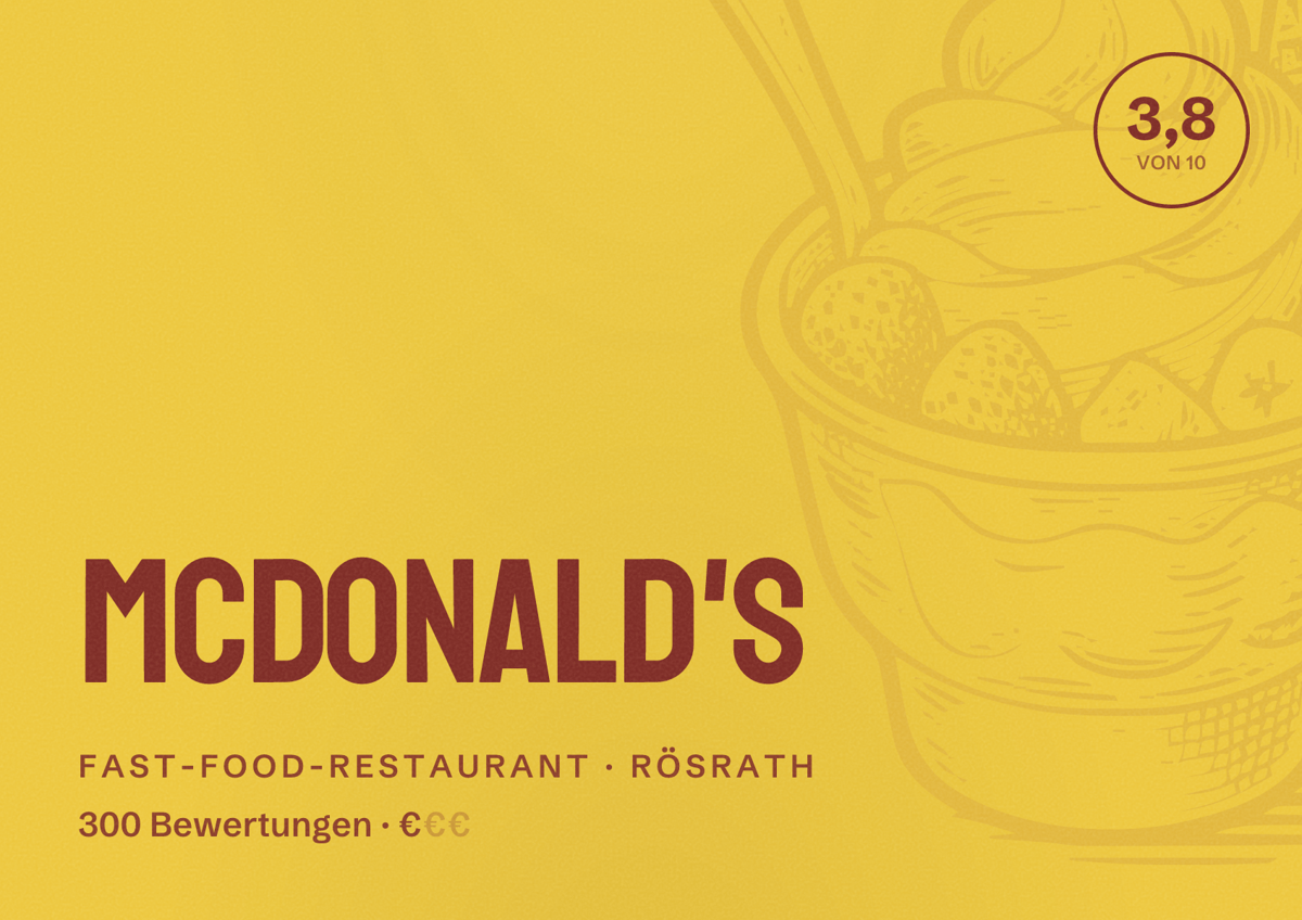 Illustriertes Poster von McDonald's, Fast-Food-Restaurant in Rösrath: Bewertung 3,8 von 10 aus 300 Bewertungen, Preisniveau €