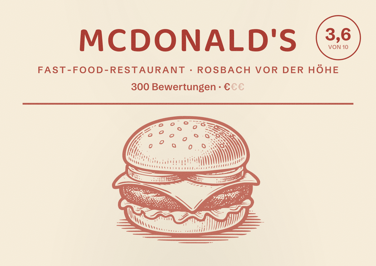 Illustriertes Poster von McDonald's, Fast-Food-Restaurant in Rosbach vor der Höhe: Bewertung 3,6 von 10 aus 300 Bewertungen, Preisniveau €