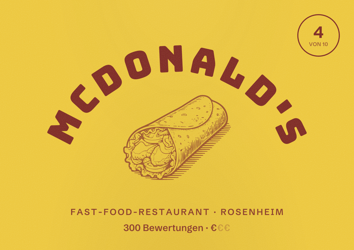 Illustriertes Poster von McDonald's, Fast-Food-Restaurant in Rosenheim: Bewertung 4 von 10 aus 300 Bewertungen, Preisniveau €