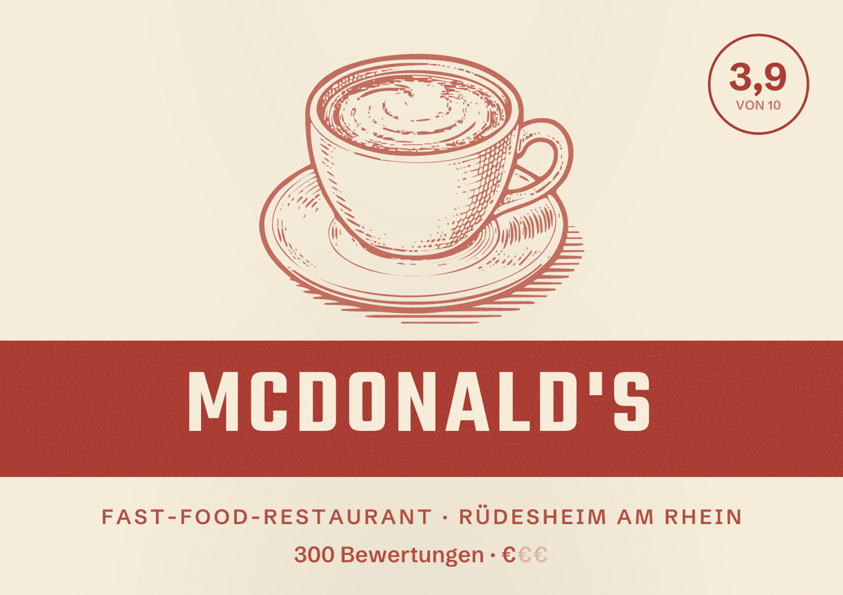 Illustriertes Poster von McDonald's, Fast-Food-Restaurant in Rüdesheim am Rhein: Bewertung 3,9 von 10 aus 300 Bewertungen, Preisniveau €