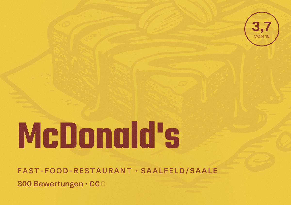 Illustriertes Poster von McDonald's, Fast-Food-Restaurant in Saalfeld/Saale: Bewertung 3,7 von 10 aus 300 Bewertungen, Preisniveau €€