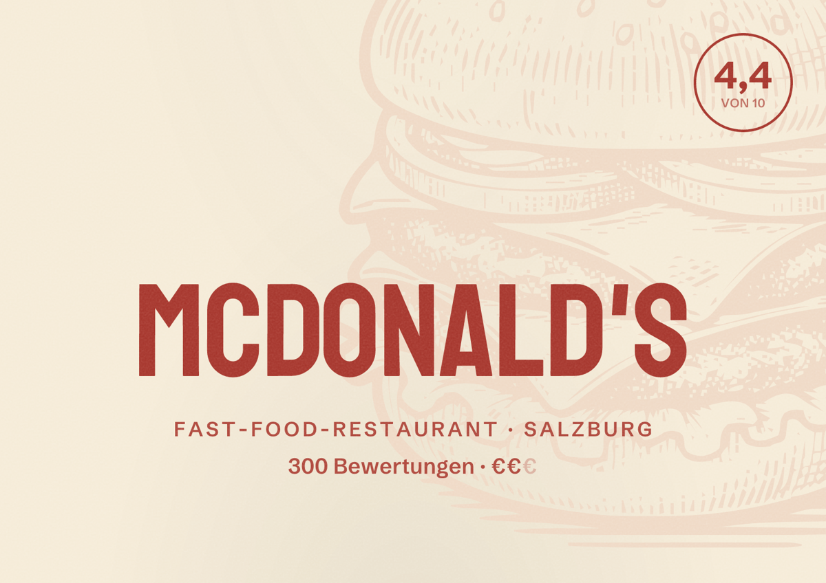 Illustriertes Poster von McDonald's, Fast-Food-Restaurant in Salzburg: Bewertung 4,4 von 10 aus 300 Bewertungen, Preisniveau €€