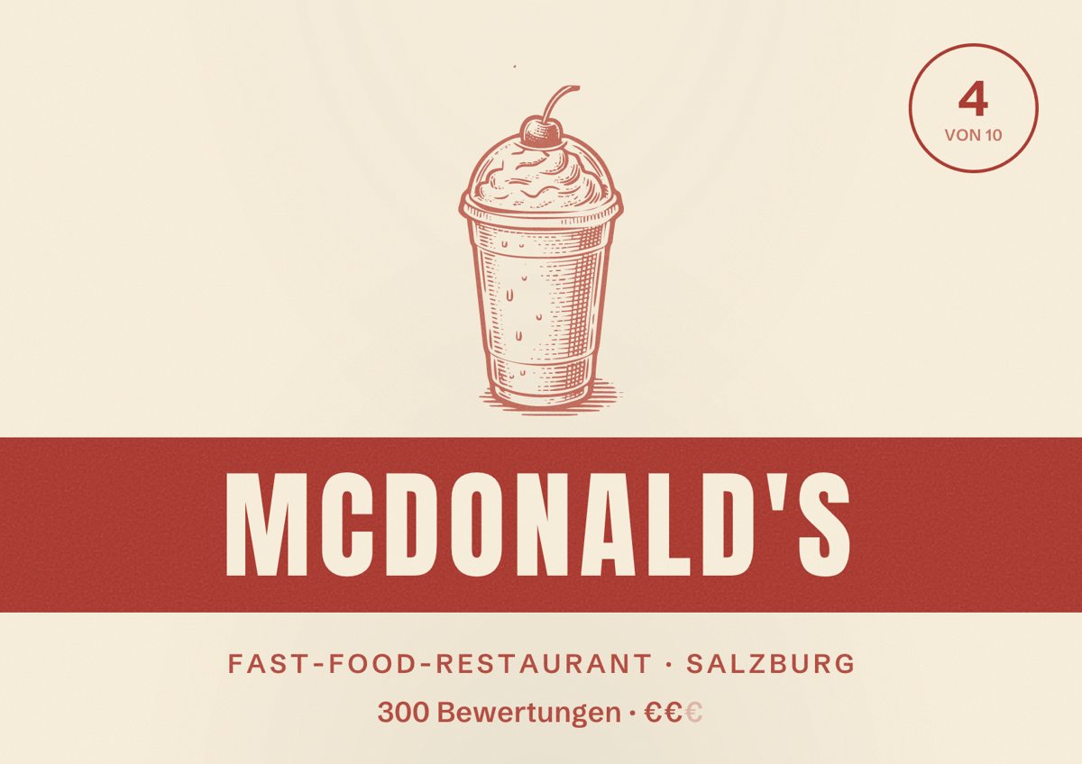 Illustriertes Poster von McDonald's, Fast-Food-Restaurant in Salzburg: Bewertung 4 von 10 aus 300 Bewertungen, Preisniveau €€