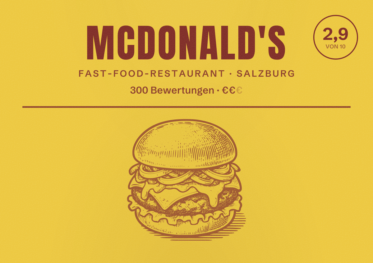 Illustriertes Poster von McDonald's, Fast-Food-Restaurant in Salzburg: Bewertung 2,9 von 10 aus 300 Bewertungen, Preisniveau €€