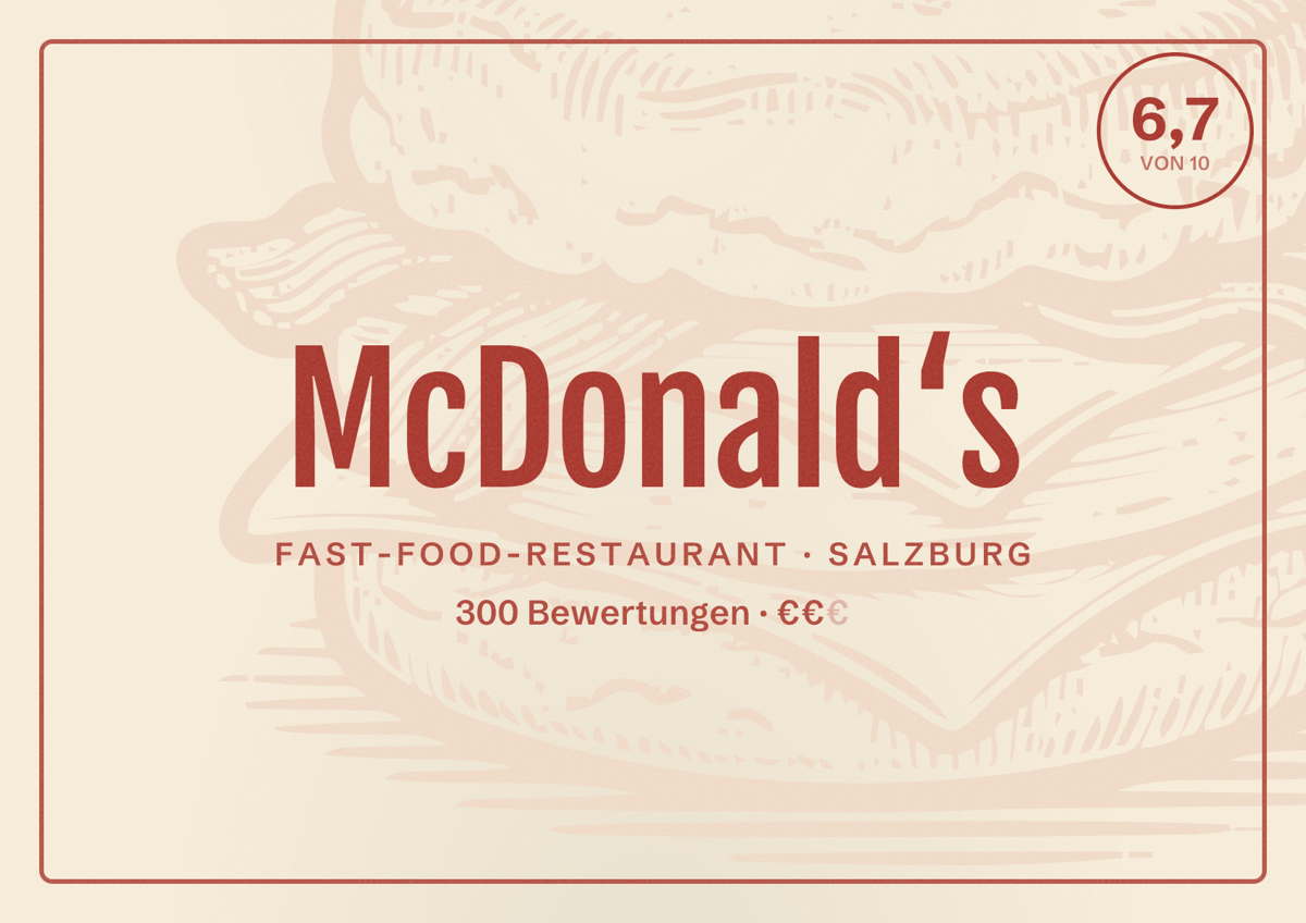 Illustriertes Poster von McDonald‘s, Fast-Food-Restaurant in Salzburg: Bewertung 6,7 von 10 aus 300 Bewertungen, Preisniveau €€