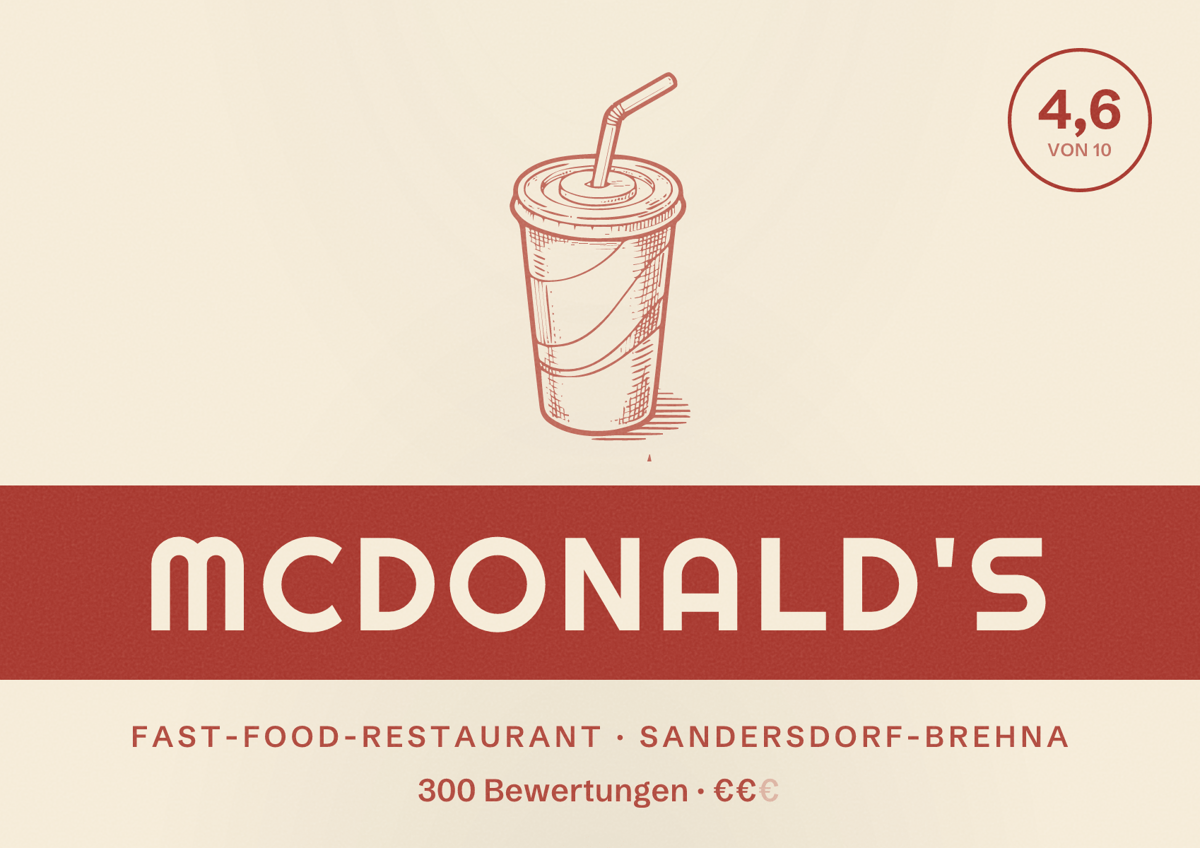 Illustriertes Poster von McDonald's, Fast-Food-Restaurant in Sandersdorf-Brehna: Bewertung 4,6 von 10 aus 300 Bewertungen, Preisniveau €€
