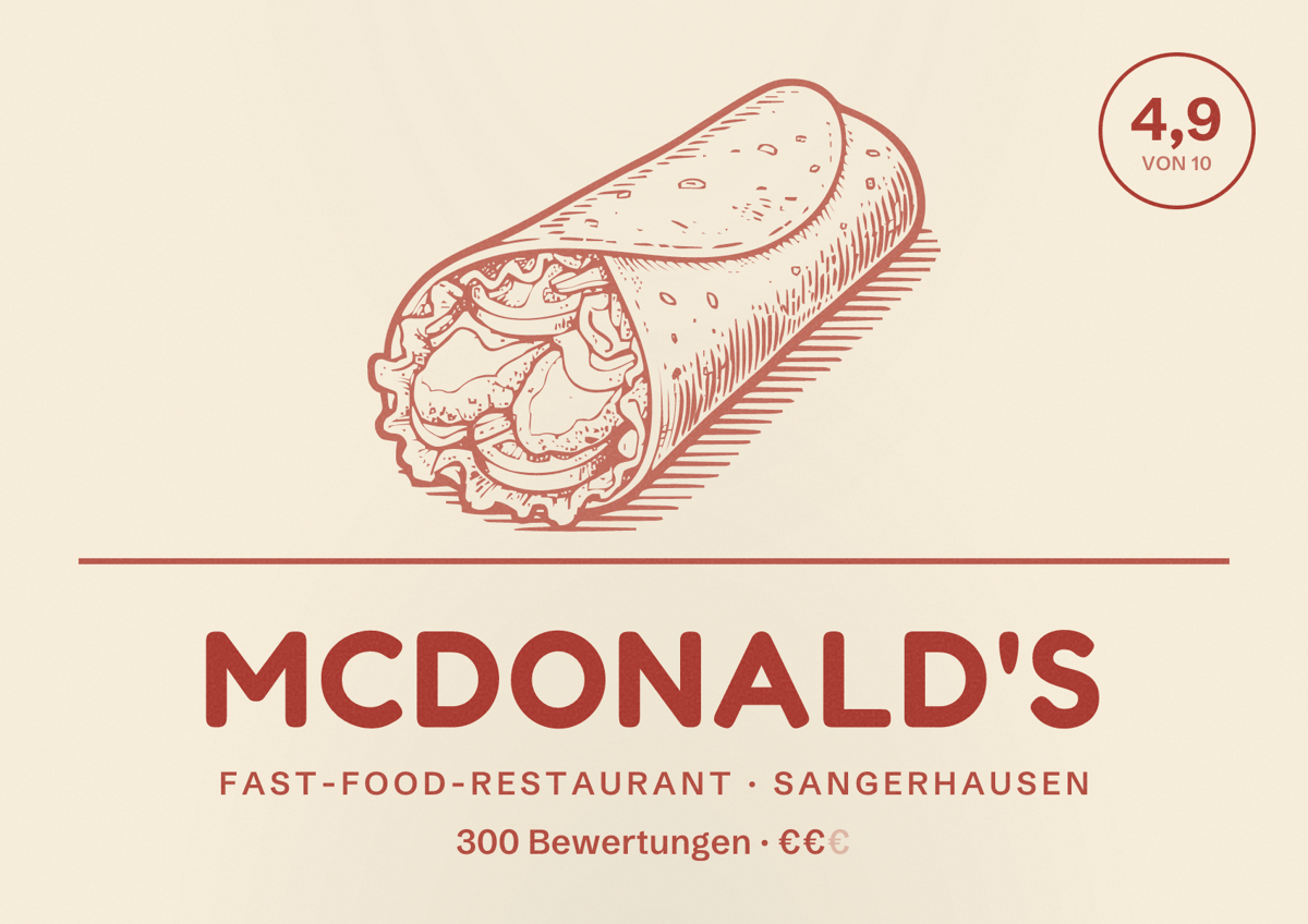 Illustriertes Poster von McDonald's, Fast-Food-Restaurant in Sangerhausen: Bewertung 4,9 von 10 aus 300 Bewertungen, Preisniveau €€