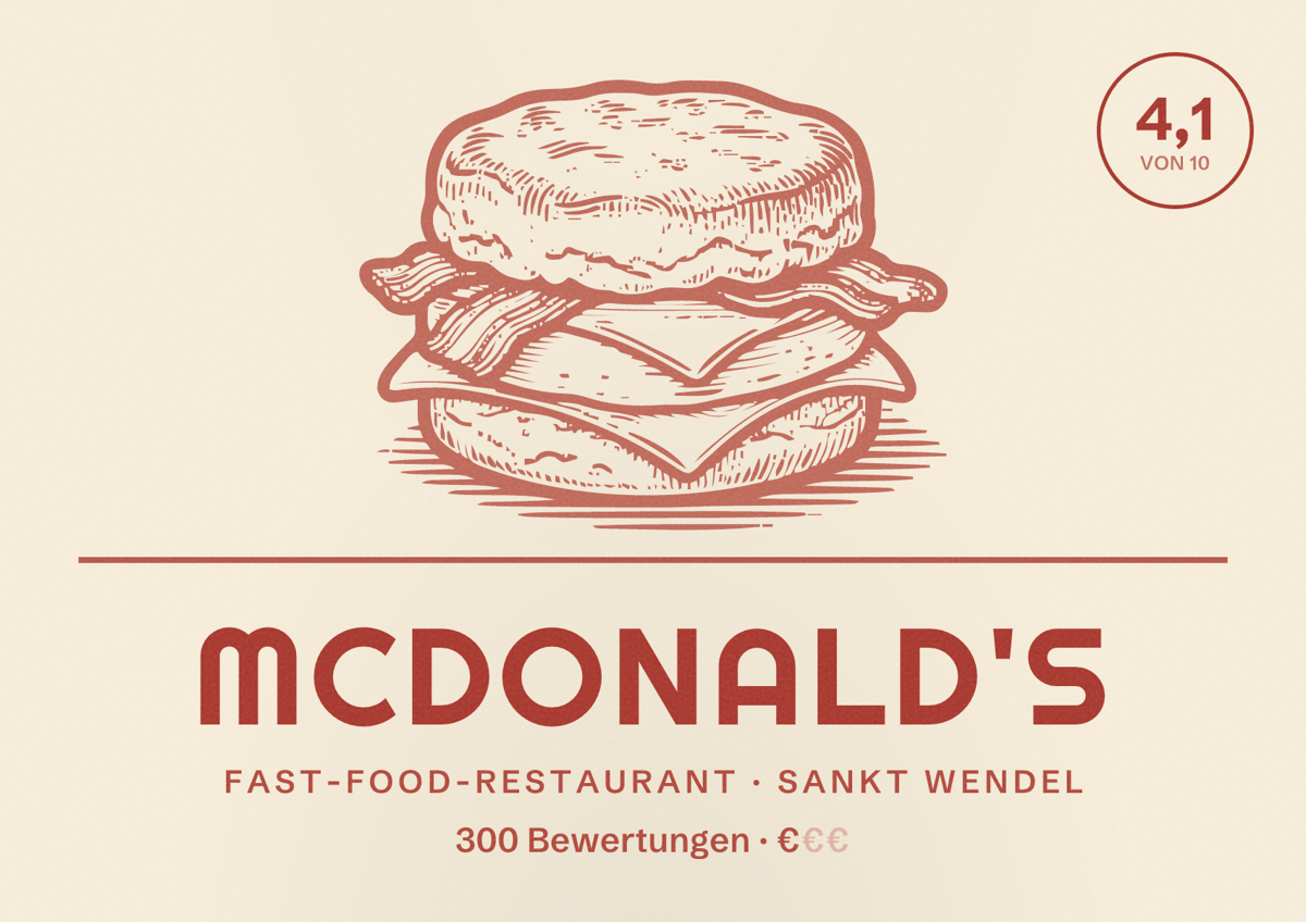 Illustriertes Poster von McDonald's, Fast-Food-Restaurant in Sankt Wendel: Bewertung 4,1 von 10 aus 300 Bewertungen, Preisniveau €