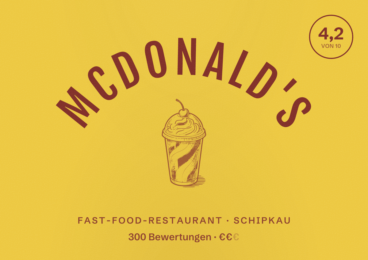 Illustriertes Poster von McDonald's, Fast-Food-Restaurant in Schipkau: Bewertung 4,2 von 10 aus 300 Bewertungen, Preisniveau €€