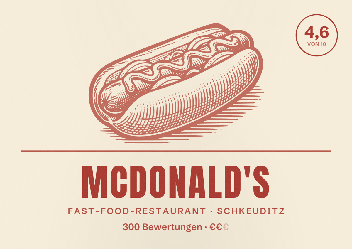 Illustriertes Poster von McDonald's, Fast-Food-Restaurant in Schkeuditz: Bewertung 4,6 von 10 aus 300 Bewertungen, Preisniveau €€