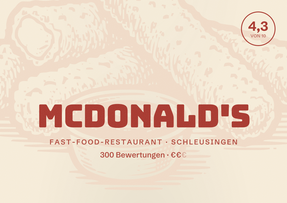 Illustriertes Poster von McDonald's, Fast-Food-Restaurant in Schleusingen: Bewertung 4,3 von 10 aus 300 Bewertungen, Preisniveau €€