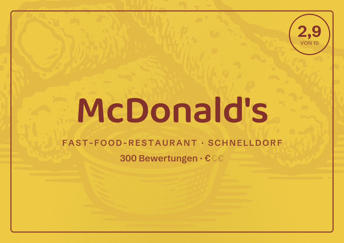 Illustriertes Poster von McDonald's, Fast-Food-Restaurant in Schnelldorf: Bewertung 2,9 von 10 aus 300 Bewertungen, Preisniveau €