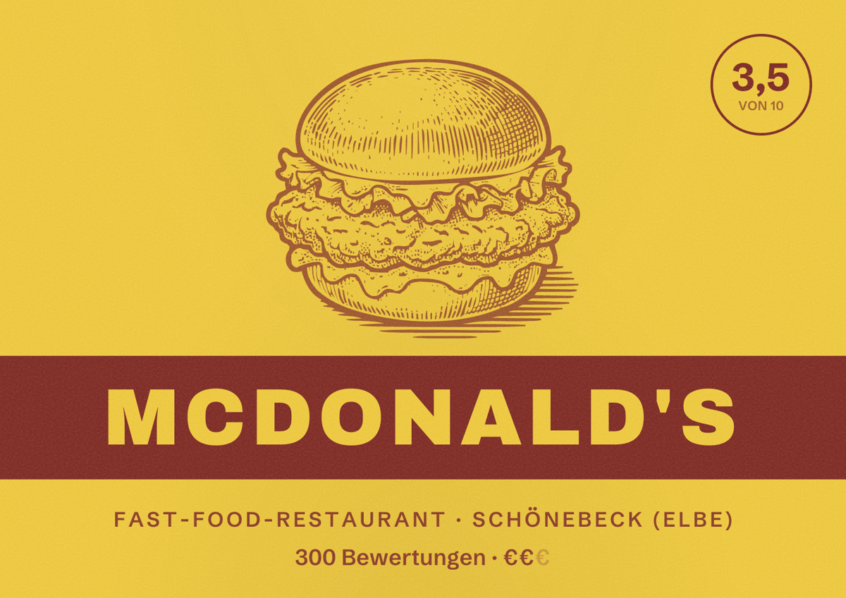 Illustriertes Poster von McDonald's, Fast-Food-Restaurant in Schönebeck (Elbe): Bewertung 3,5 von 10 aus 300 Bewertungen, Preisniveau €€