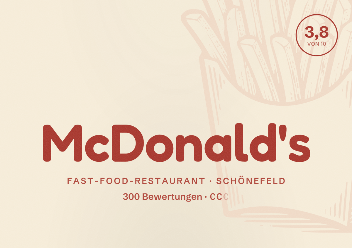 Illustriertes Poster von McDonald's, Fast-Food-Restaurant in Schönefeld: Bewertung 3,8 von 10 aus 300 Bewertungen, Preisniveau €€