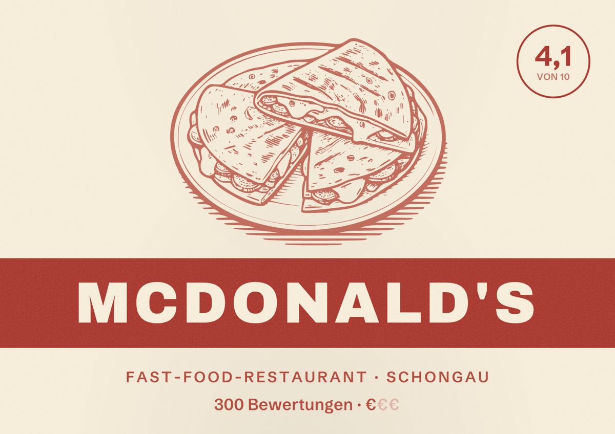 Illustriertes Poster von McDonald's, Fast-Food-Restaurant in Schongau: Bewertung 4,1 von 10 aus 300 Bewertungen, Preisniveau €