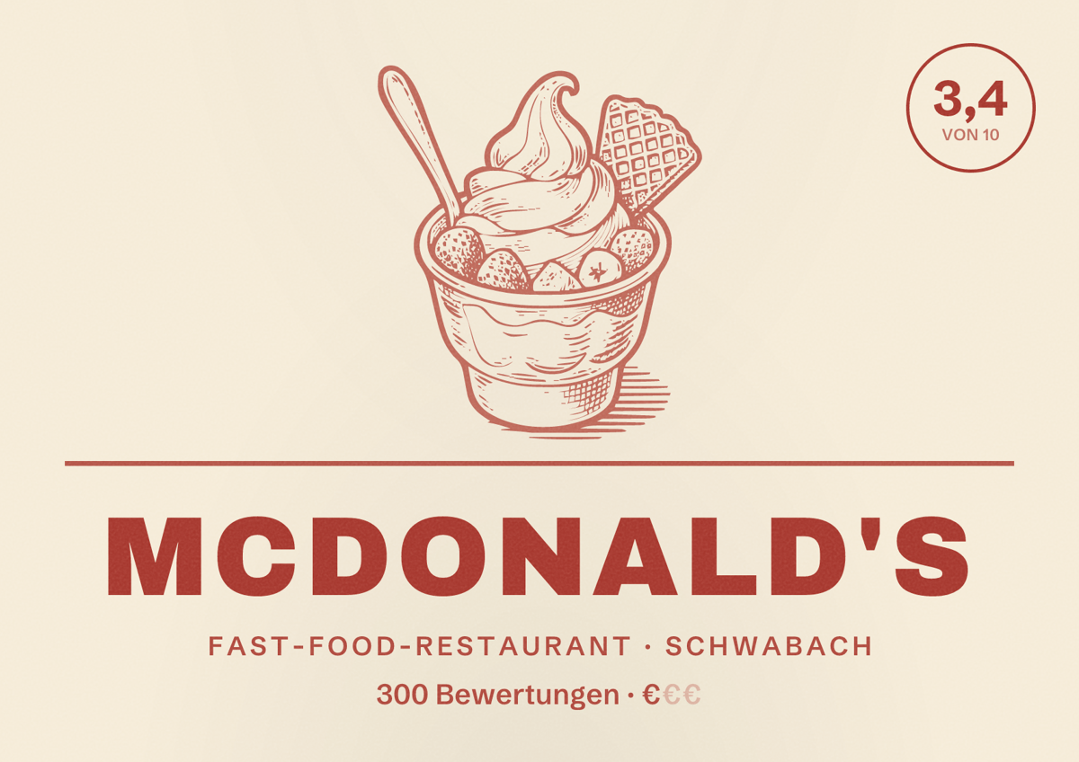 Illustriertes Poster von McDonald's, Fast-Food-Restaurant in Schwabach: Bewertung 3,4 von 10 aus 300 Bewertungen, Preisniveau €