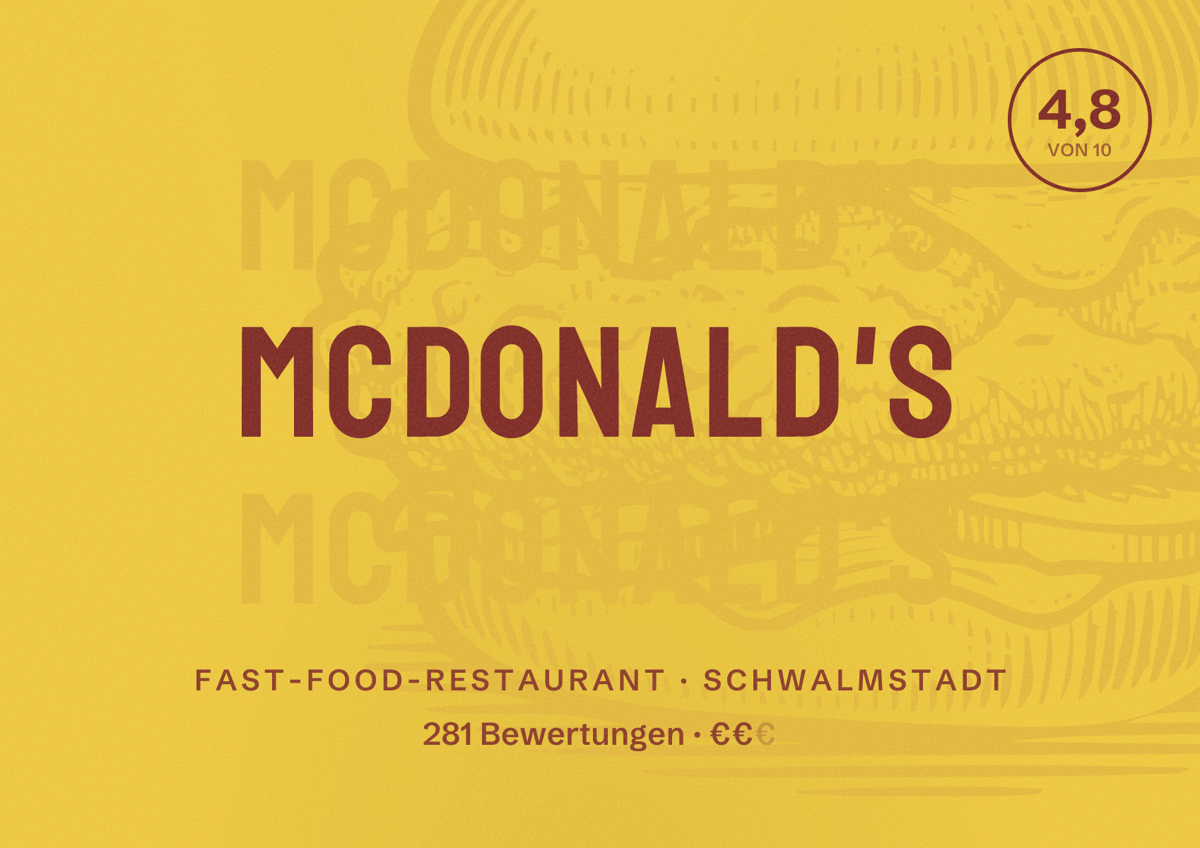 Illustriertes Poster von McDonald's, Fast-Food-Restaurant in Schwalmstadt: Bewertung 4,8 von 10 aus 281 Bewertungen, Preisniveau €€