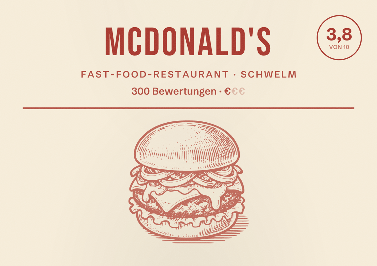 Illustriertes Poster von McDonald's, Fast-Food-Restaurant in Schwelm: Bewertung 3,8 von 10 aus 300 Bewertungen, Preisniveau €