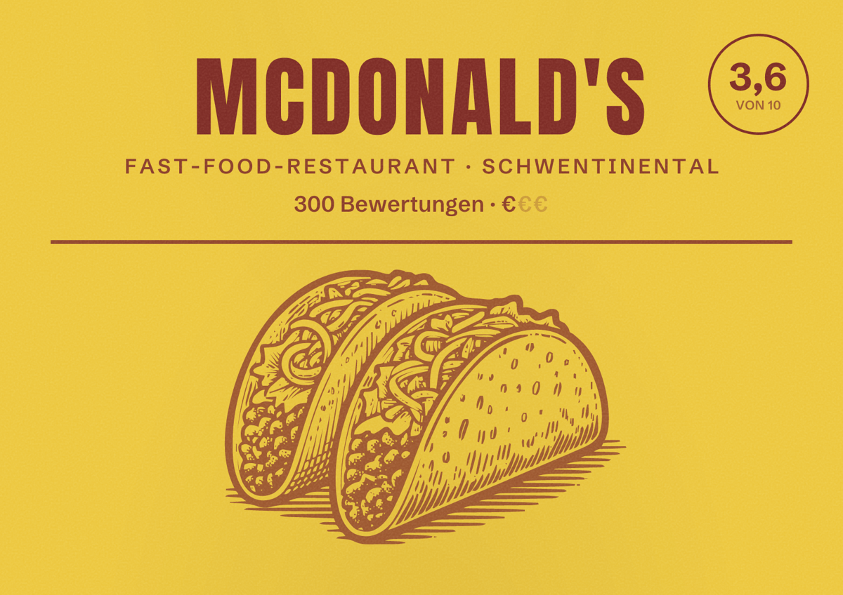 Illustriertes Poster von McDonald's, Fast-Food-Restaurant in Schwentinental: Bewertung 3,6 von 10 aus 300 Bewertungen, Preisniveau €