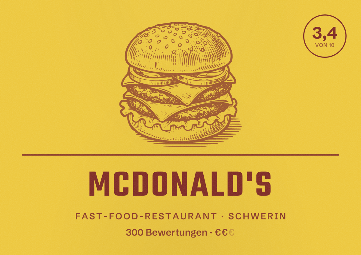 Illustriertes Poster von McDonald's, Fast-Food-Restaurant in Schwerin: Bewertung 3,4 von 10 aus 300 Bewertungen, Preisniveau €€