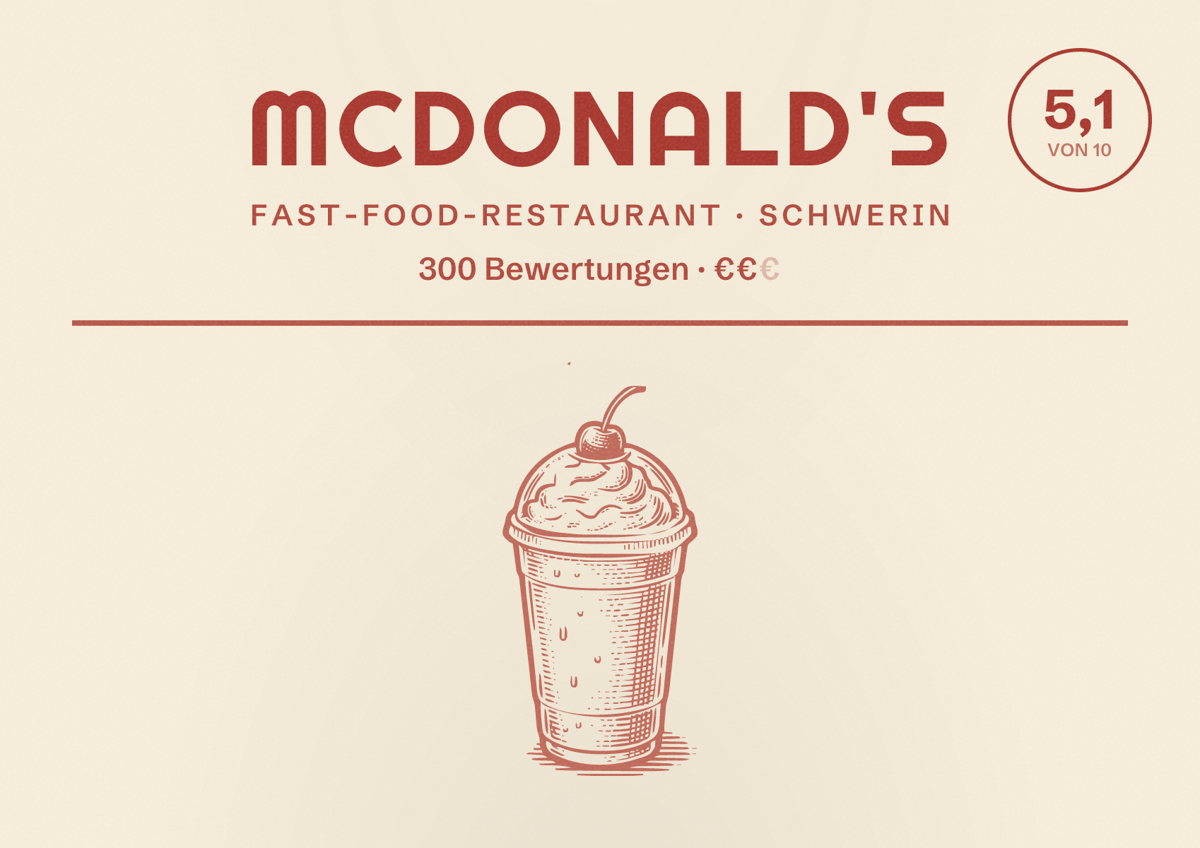 Illustriertes Poster von McDonald's, Fast-Food-Restaurant in Schwerin: Bewertung 5,1 von 10 aus 300 Bewertungen, Preisniveau €€
