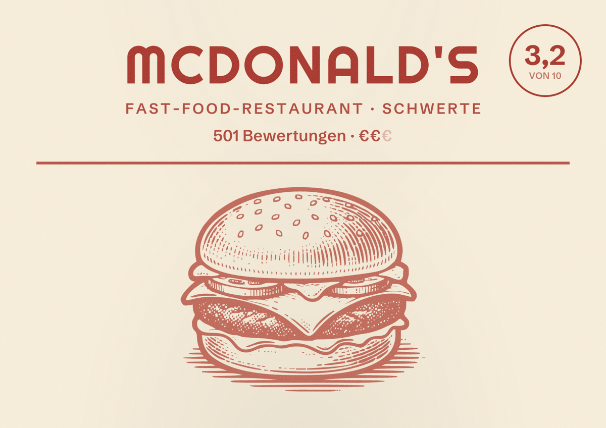 Illustriertes Poster von McDonald's, Fast-Food-Restaurant in Schwerte: Bewertung 3,2 von 10 aus 501 Bewertungen, Preisniveau €€