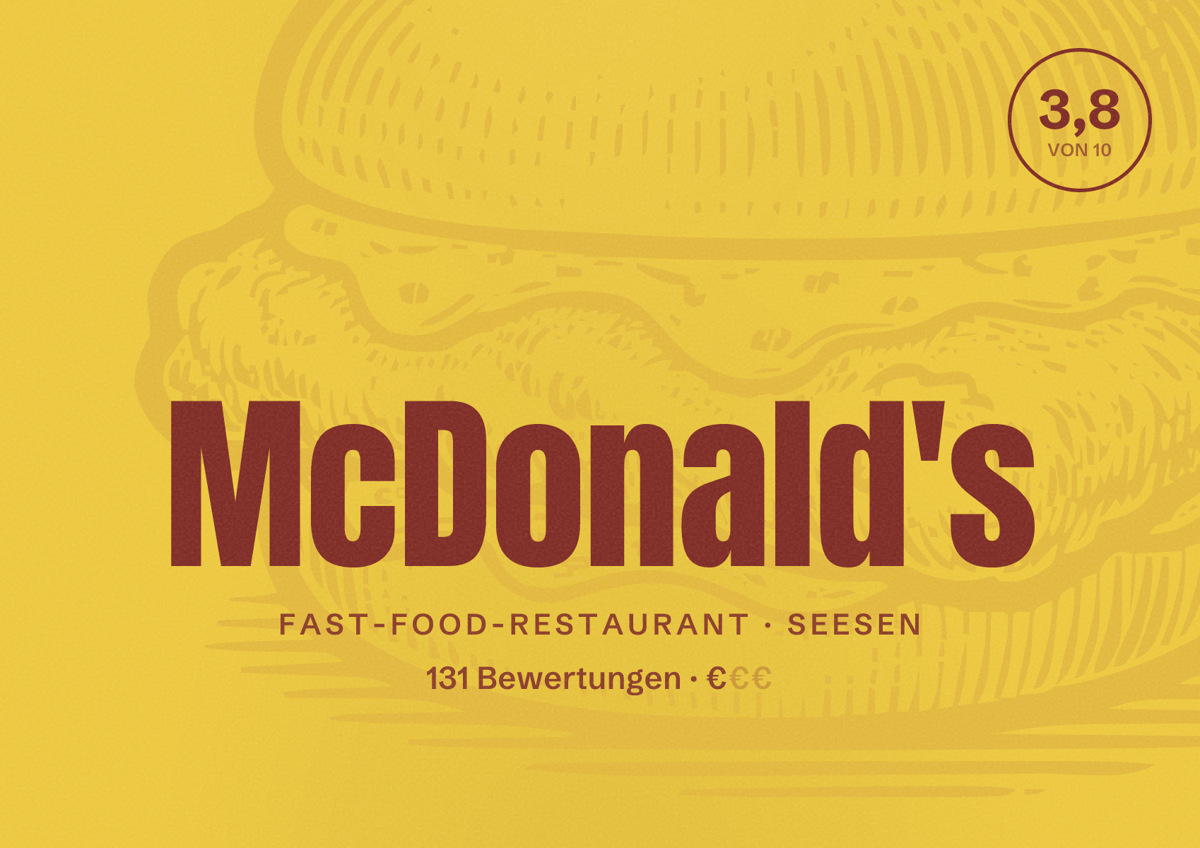 Illustriertes Poster von McDonald's, Fast-Food-Restaurant in Seesen: Bewertung 3,8 von 10 aus 131 Bewertungen, Preisniveau €