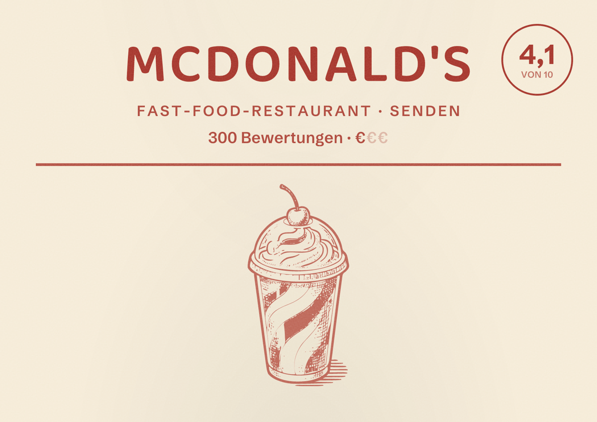 Illustriertes Poster von McDonald's, Fast-Food-Restaurant in Senden: Bewertung 4,1 von 10 aus 300 Bewertungen, Preisniveau €