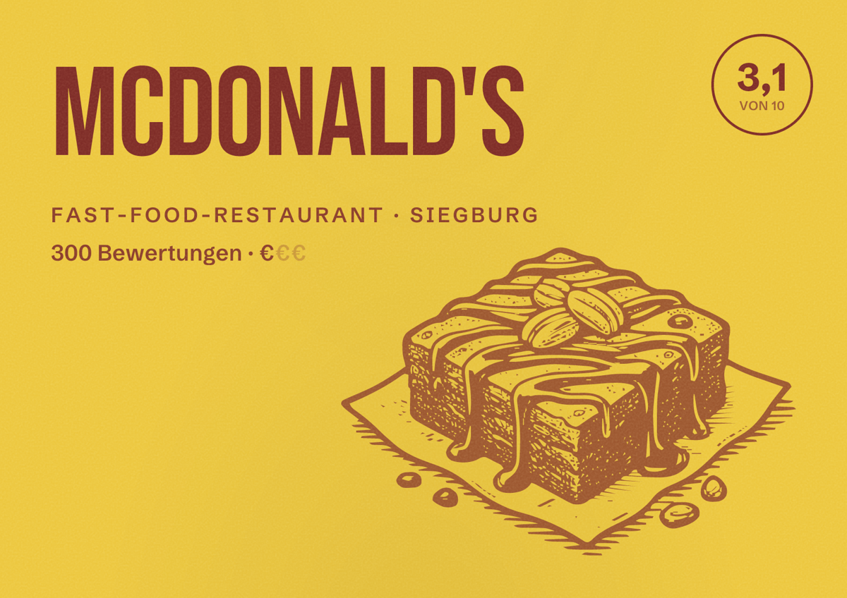 Illustriertes Poster von McDonald's, Fast-Food-Restaurant in Siegburg: Bewertung 3,1 von 10 aus 300 Bewertungen, Preisniveau €