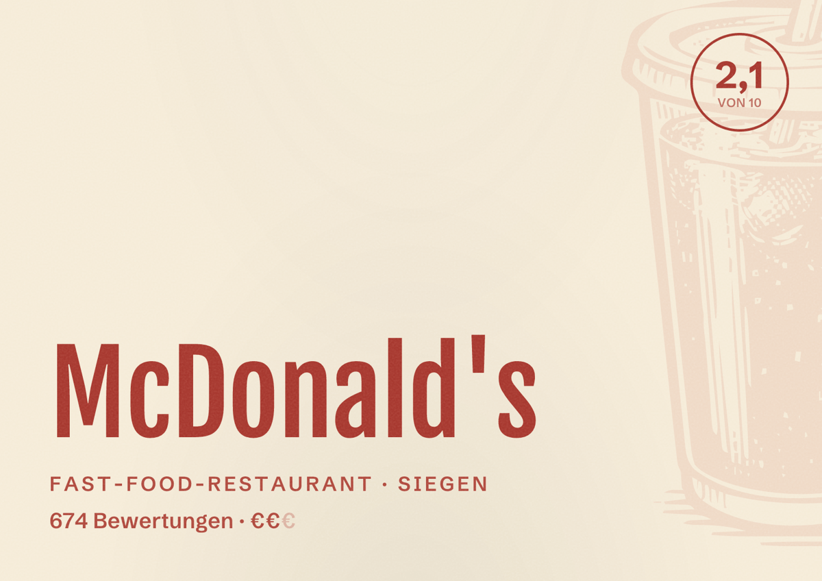 Illustriertes Poster von McDonald's, Fast-Food-Restaurant in Siegen: Bewertung 2,1 von 10 aus 674 Bewertungen, Preisniveau €€