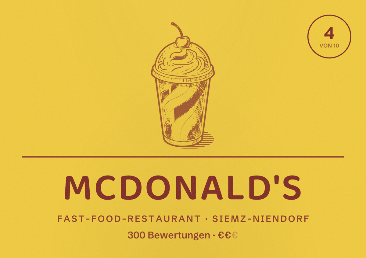 Illustriertes Poster von McDonald's, Fast-Food-Restaurant in Siemz-Niendorf: Bewertung 4 von 10 aus 300 Bewertungen, Preisniveau €€