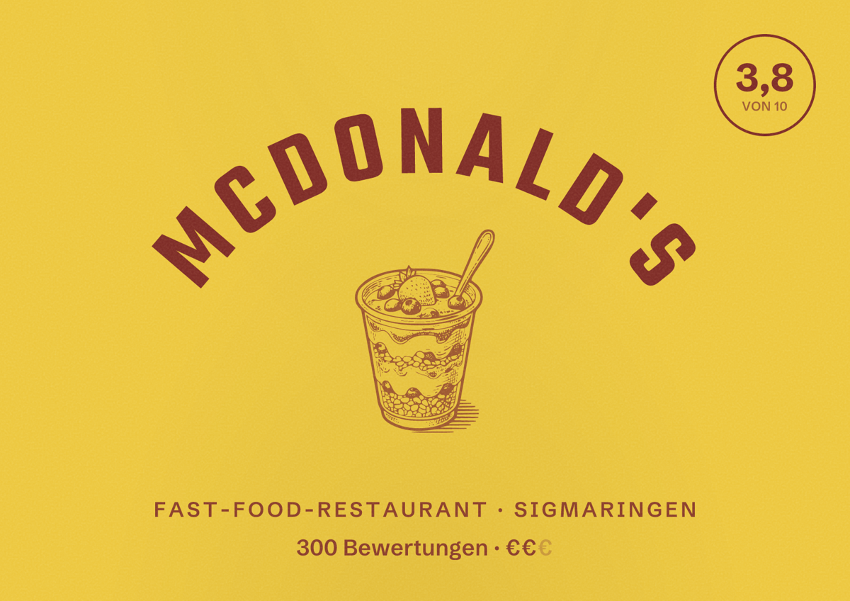Illustriertes Poster von McDonald's, Fast-Food-Restaurant in Sigmaringen: Bewertung 3,8 von 10 aus 300 Bewertungen, Preisniveau €€